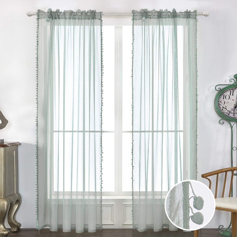 MISS SELECTEX Linen Look Pom Pom Tasseled Sheer Curtains - Rod Pocket Voile Semi-Sheer Curtains for Living and Bedroom, Set of 2 Curtain Panels (52 x 63 inch, Aqua) - Image 2